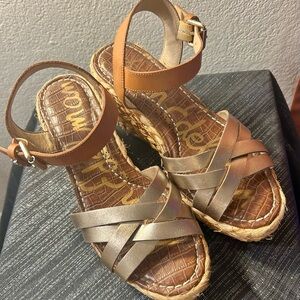 Sam Edelman Gold and Tan Espadrille Platform Wedged Sandals